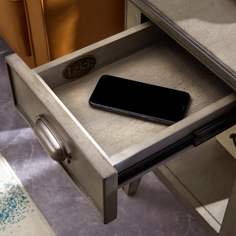 Solid + Manufactured Wood Narrow End Table with Drawer, Smoke Gray, 24" H x 16" W x 24" D