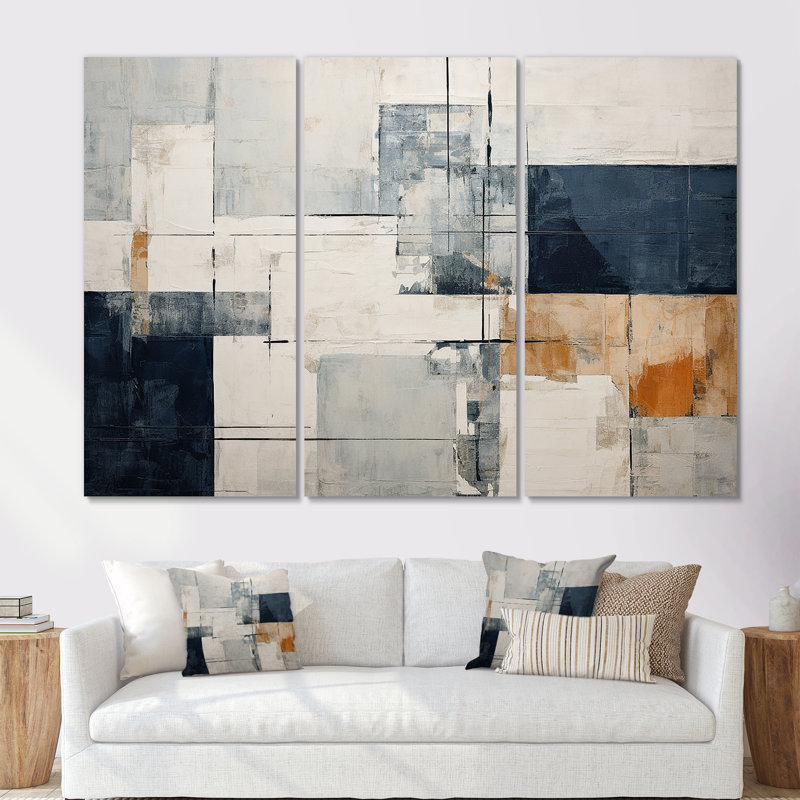 Abstrait bleu beige route collage I - ensemble de salon abstrait, Toile tendue, H 40 po x l 60 po x P 1 po