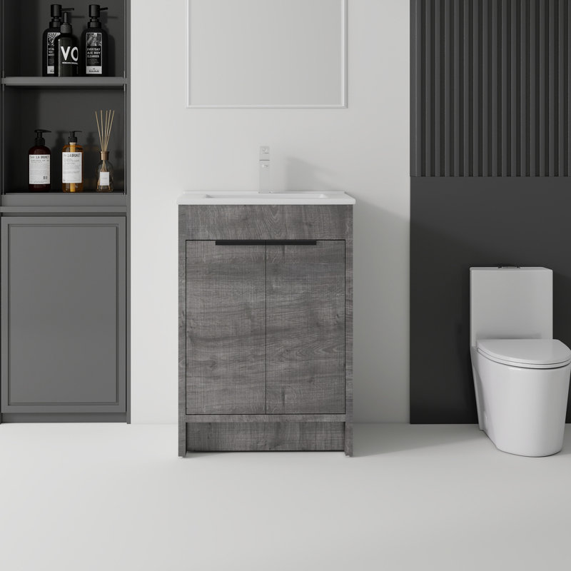 Meuble-lavabo flottant 24 po avec lavabo, porte à fermeture en douceur, lavabo en céramique, contreplaqué, Grey