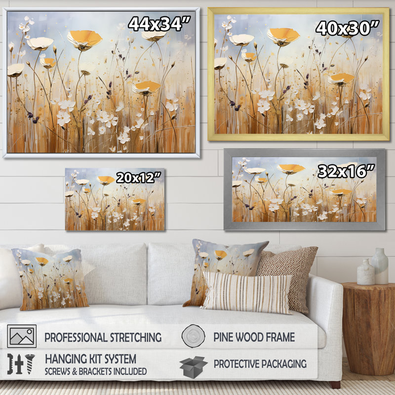 Élégance florale beige IV, Cadre simple argenté, H 16 po x l 32 po x P 1 po