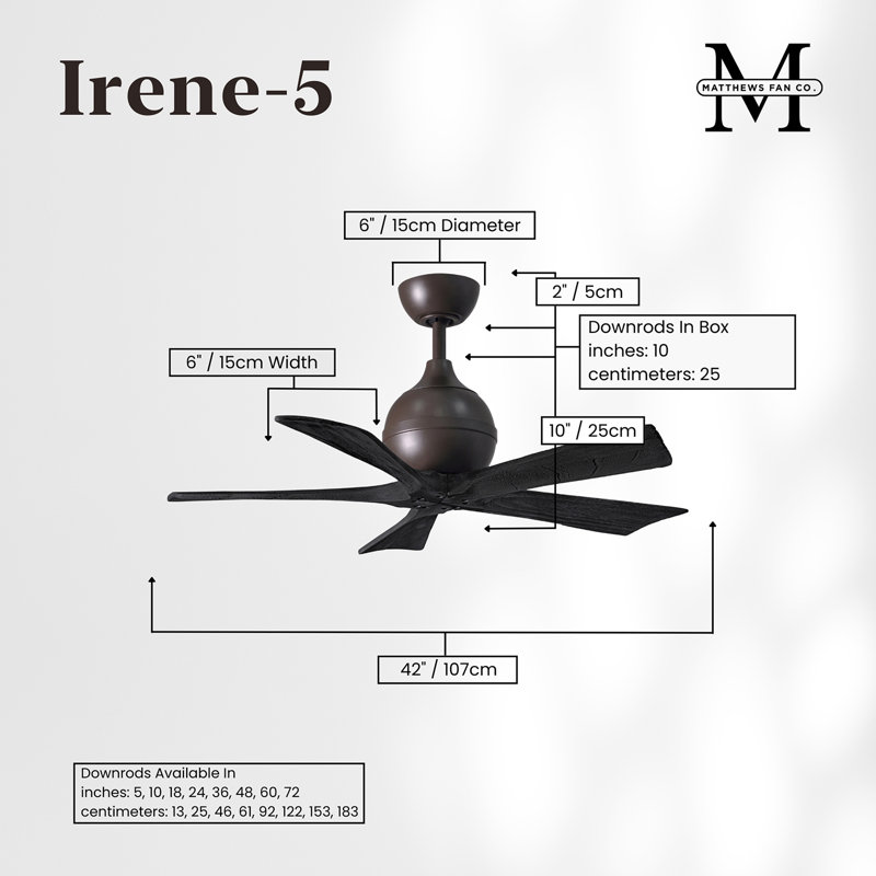 52" Irene 5-Blade Ceiling Fan with Wall Remote, 42", Textured Bronze, Matte Black