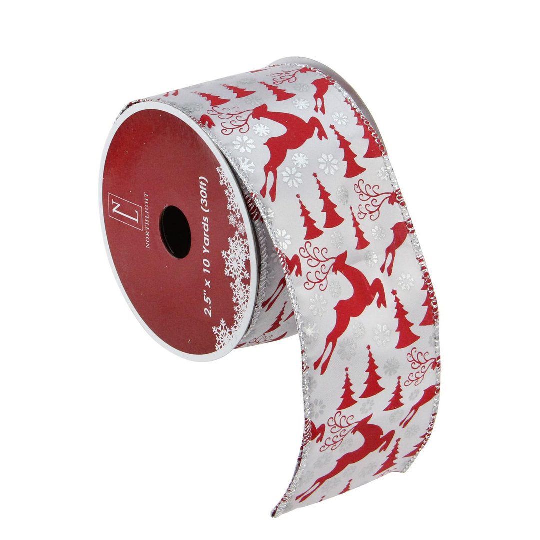 Silver and Red Flying Reindeer Christmas Wired Craft Ribbon Spools - 2.5" x 120 Yards (Set of 12) Northlight Seasonal