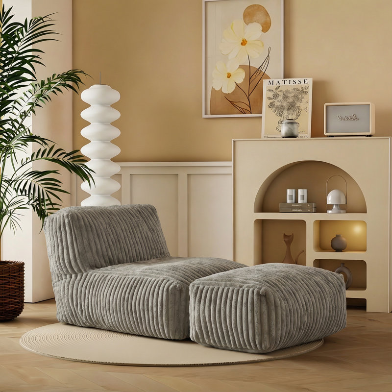 Armless Bean Bag Chair Boneless Lounger Sofa With Deep Seat No Assembly Required, Light Gray Corduroy