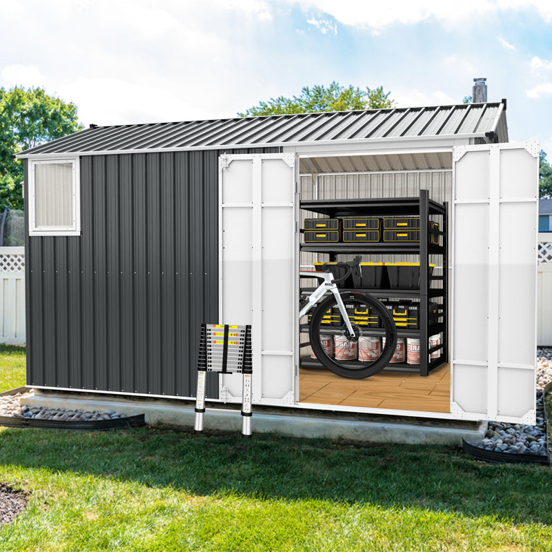 Remise en métal 8 x 12 pi avec construction stable et mur renforcé - double porte de rangement gris foncé