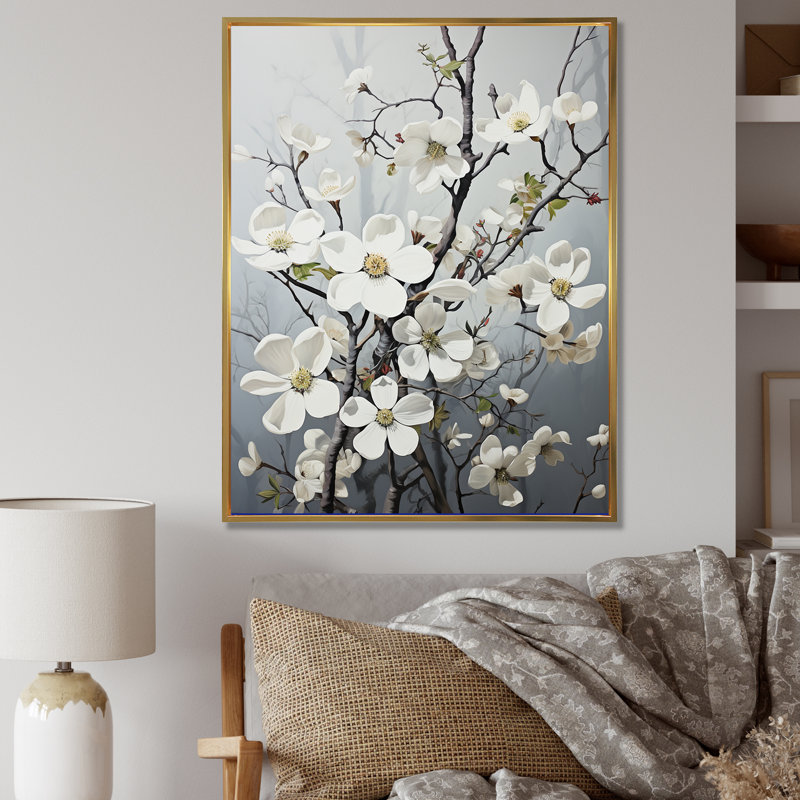 Noir et blanc cornouiller I - reproduction sur toile, Cadre flottant doré, H 32 po x l 24 po x P 1 po