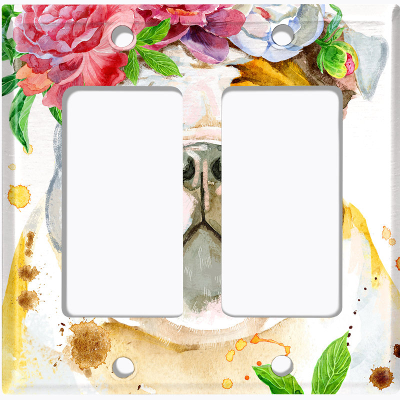 Mignon bouledogue avec couronne de fleurs et plaque murale