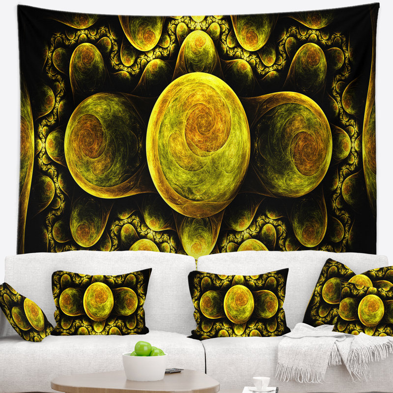 Tapisserie abstraite à motif fractal exotique jaune, H 32 po x l 39 po
