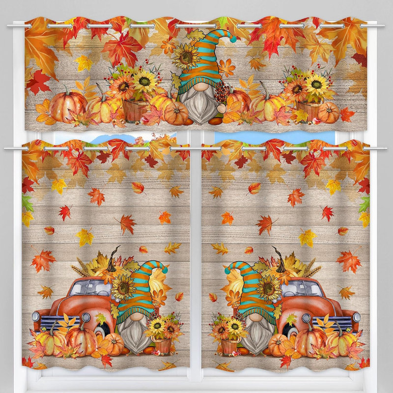 Ensemble de 3 rideaux de cuisine avec lambrequins et cantonnières à motifs de nains d'automne - Rideaux de fenêtre de style ferme avec camion et citrouilles pour les récoltes