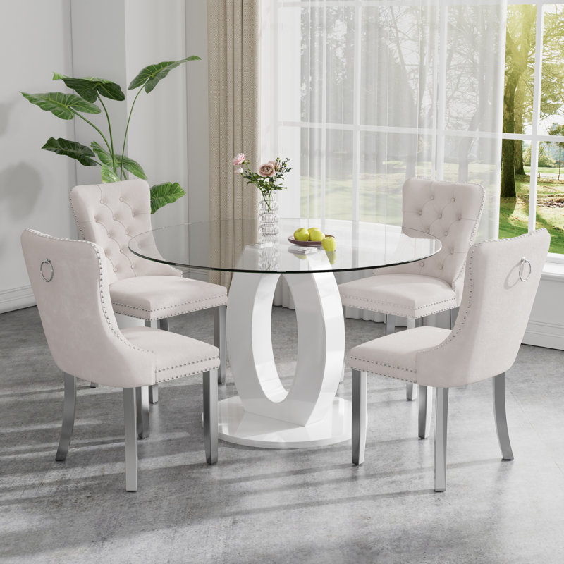 High Gloss Round Dining Table Set with 4 Velvet Dining Chairs, Beige/Silver