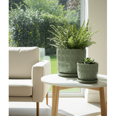 Decorative Ceramic Outdoor Platner With Pattern - Stylish Indoor Flower Pots With Saucer For Patio, Living Room, Or Home Decor - Set Of 2, 8", 6", Green