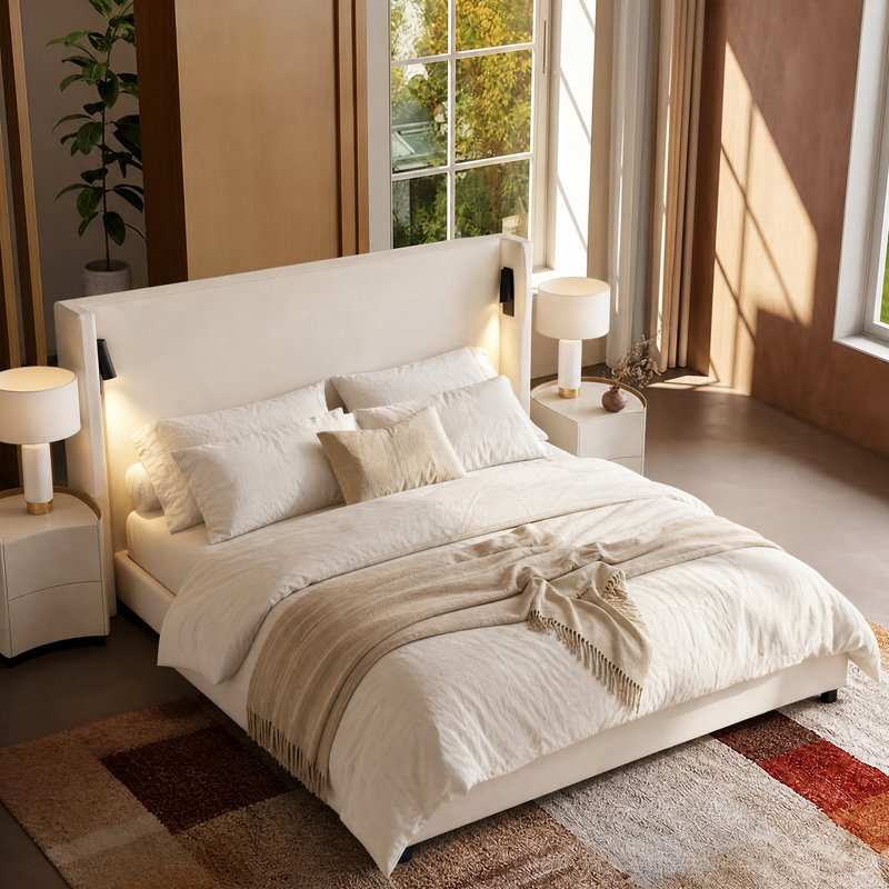 Très grande base de lit tapissier avec tête de lit à oreilles haute, lampe de lecture et port USB, beige, Très grand lit