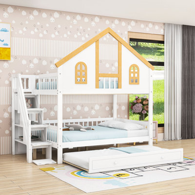 Lit superposé en bois avec escalier de rangement et lit gigogne