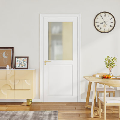 24 Inch X 80 Inch 1-Lite Frosted Glass Slab Door, Solid Manufactured Wood, White Primed, Durable And Stylish Interior Solution