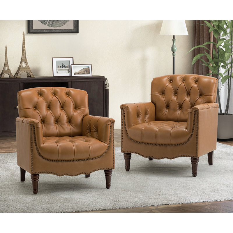 Fauteuil en cuir véritable capitonné Annja, Chameau