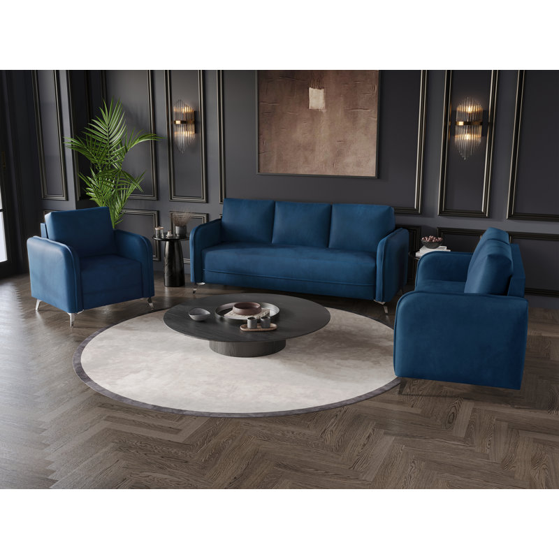 3-Pieces Modern Living Room Set, Navy Blue
