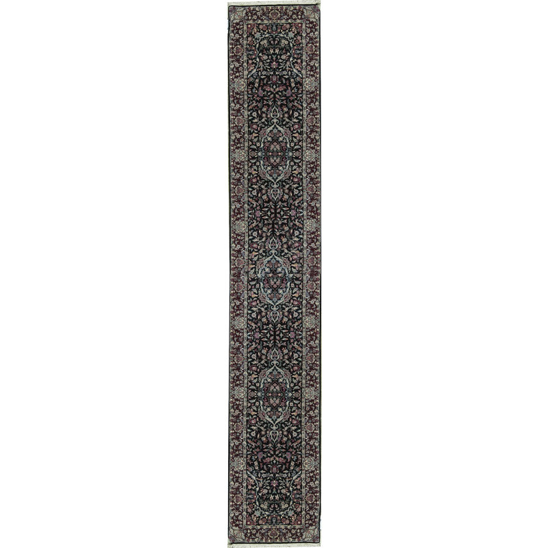 Tapis de couloir vert et ivoire noué à la main de haute qualité