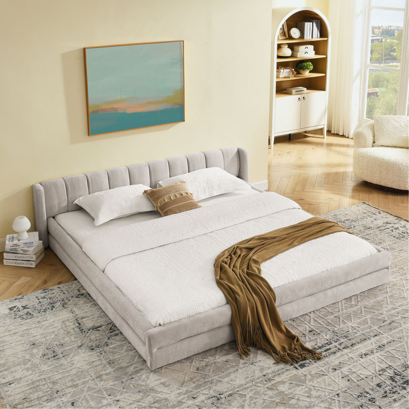 Cadre de lit rembourré avec tissu épais, cadre de lit rembourré confortable, tissu chenille, avec tête de lit et cadre de lit uni