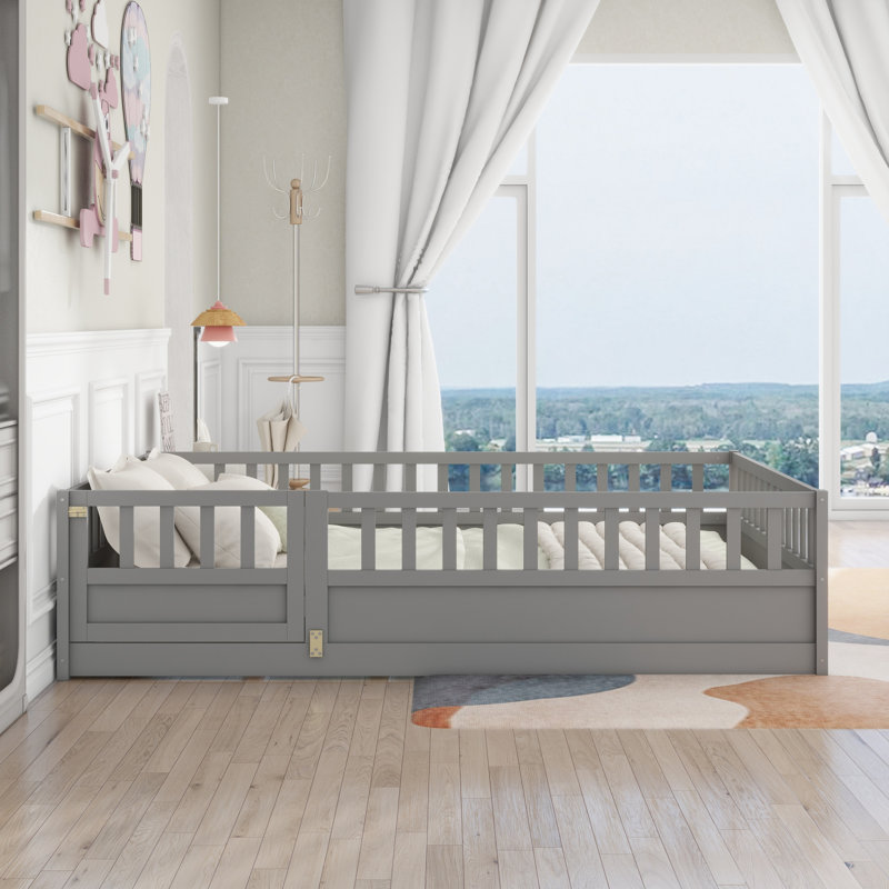 Full Size Montessori Wooden Floor Bed with Support Slats, High Security Barrier & Door, Kids Floor Bed Frame with Integral Construction, White