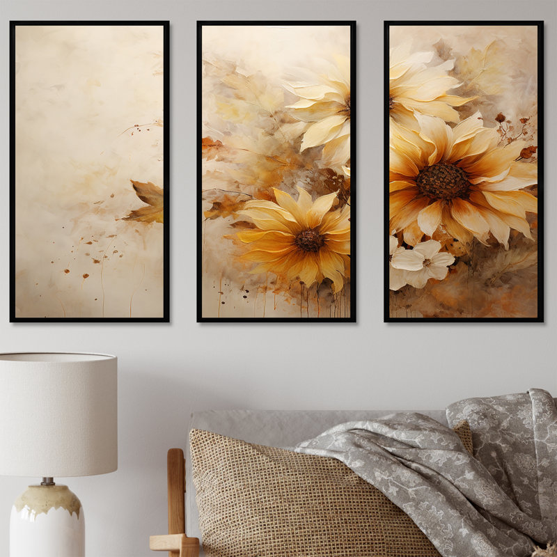 Minimalisme, tournesols beiges efflorescence - ensemble d'art mural tournesols, Cadre flottant noir