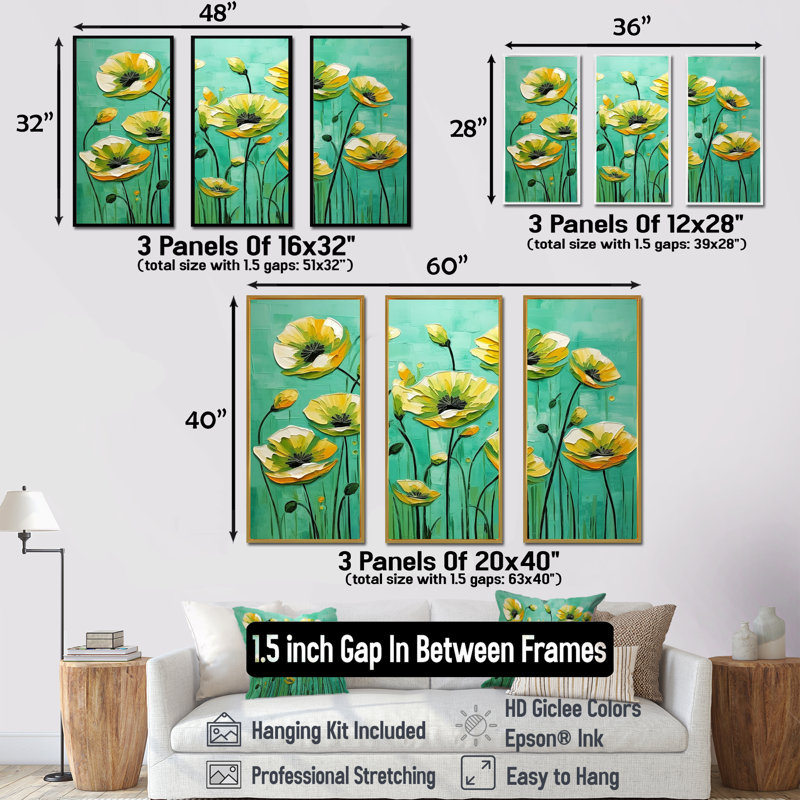 Emerald Elegance Poppies In The Breeze - ensemble de reproductions d'art mural coquelicots, Cadre flottant doré