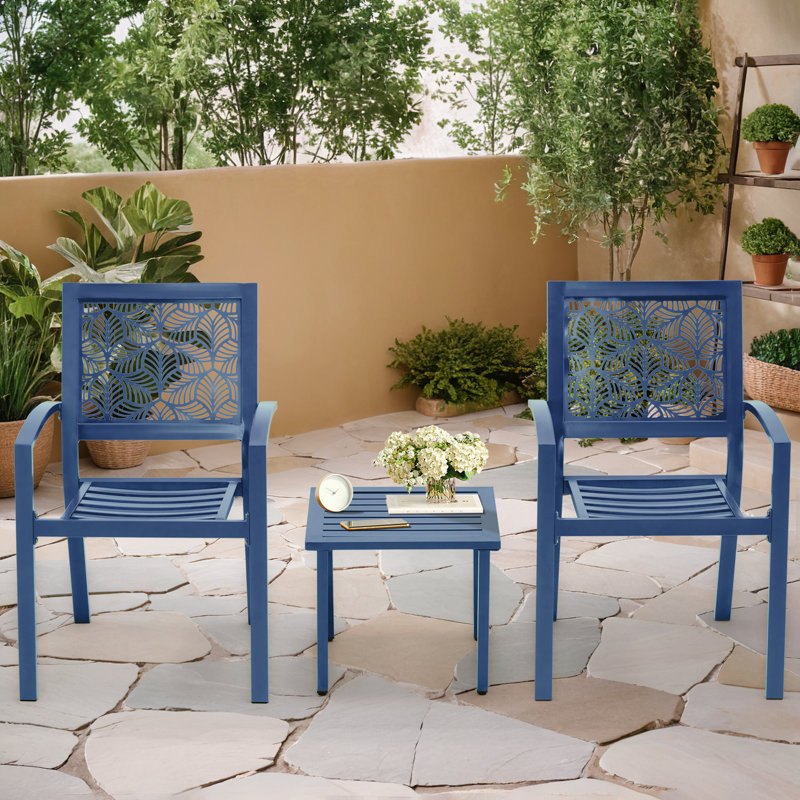 Outdoor Bistro Set 3 Piece Set - Comfortable Metal Patio Chairs And Small Table, Floral Back Design, Waterproof, Uv Resistant For Porch, Balcony, Garden, Backyard, Poolside
