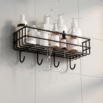Adhesive Wall Mounted Bathroom Organizer Shelf, Rustproof Shower Caddy Basket with Hooks, No Drilling