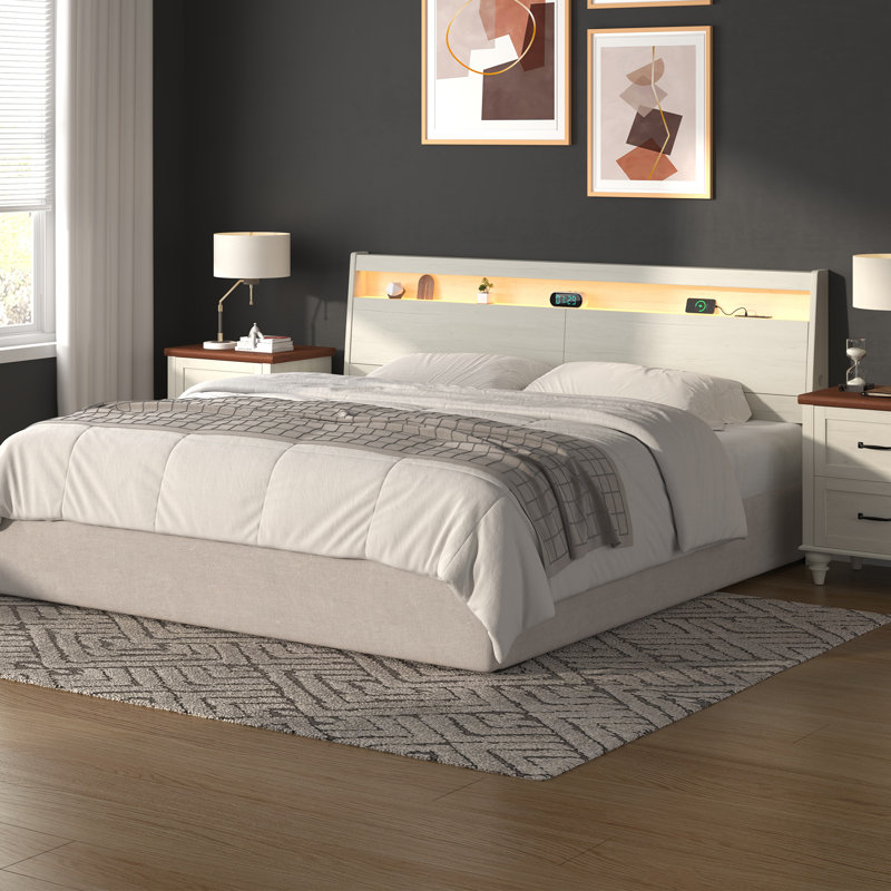 Headboard King Size White with Storage, LED Lights, USB Ports & Power Outlets – High-Quality, Space-Saving Design, White