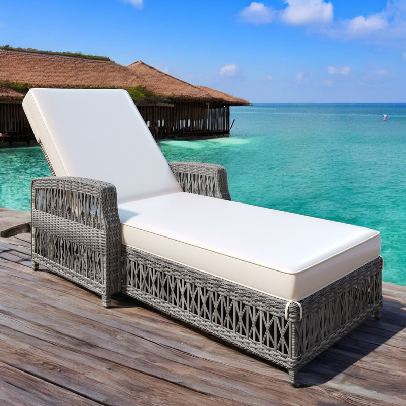 Chaise longue d'extérieur en osier avec coussins, Beige, 1 pièce