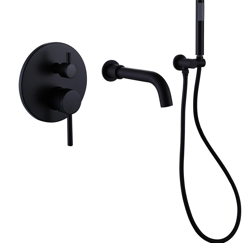 Matte Black Wall Mounted Shower And Tub Faucet With 2 Handles - Brass Material, -Balanced Valve, Hand Shower, Rust , Nickel , Gpm Flow Rate, Includes Mounting Clips Screws 2 Solid Brass, -Balanced,