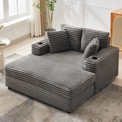 Chaise longue surdimensionnée pour l'intérieur, canapé confortable en velours côtelé avec station de charge, porte-gobelets et coussins décoratifs, canapé-lit confortable pour les appartements de salon, gris