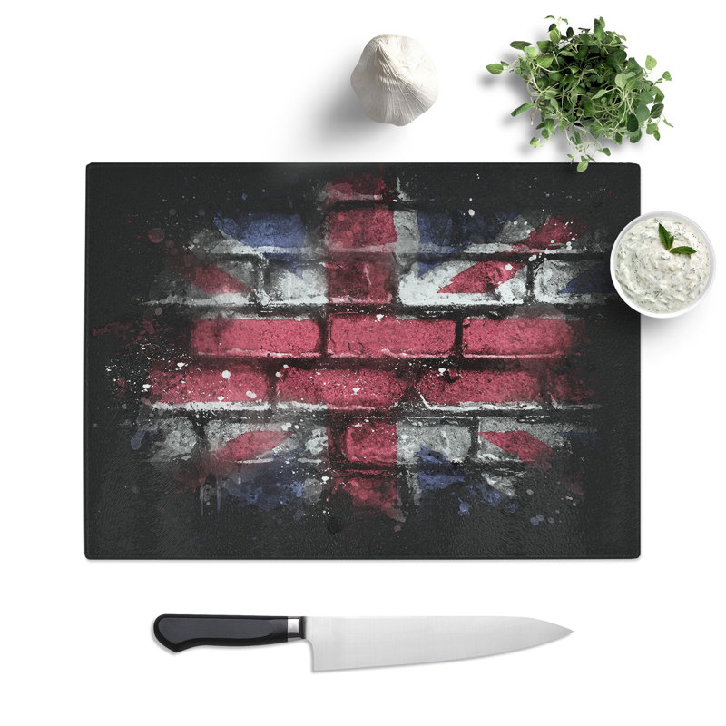 Tempered Glass Union Jack Brick Wall Graffiti Paint Splash Chopping Board, 28.5 cm x 39 cm