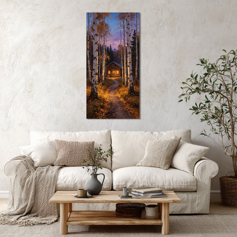Art mural sur toile de grand bouleau vertical - Cabine d'automne, 24 po x 47 po, Art de cabane de bouleau - 01