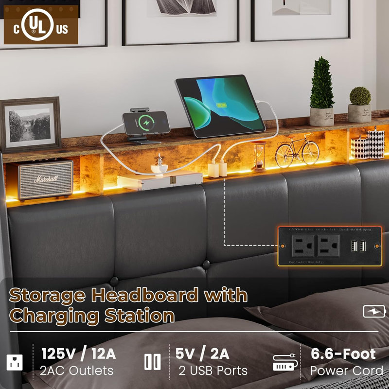 Queen Black Upholstered Bed Frame with LED Lights and Storage Drawers