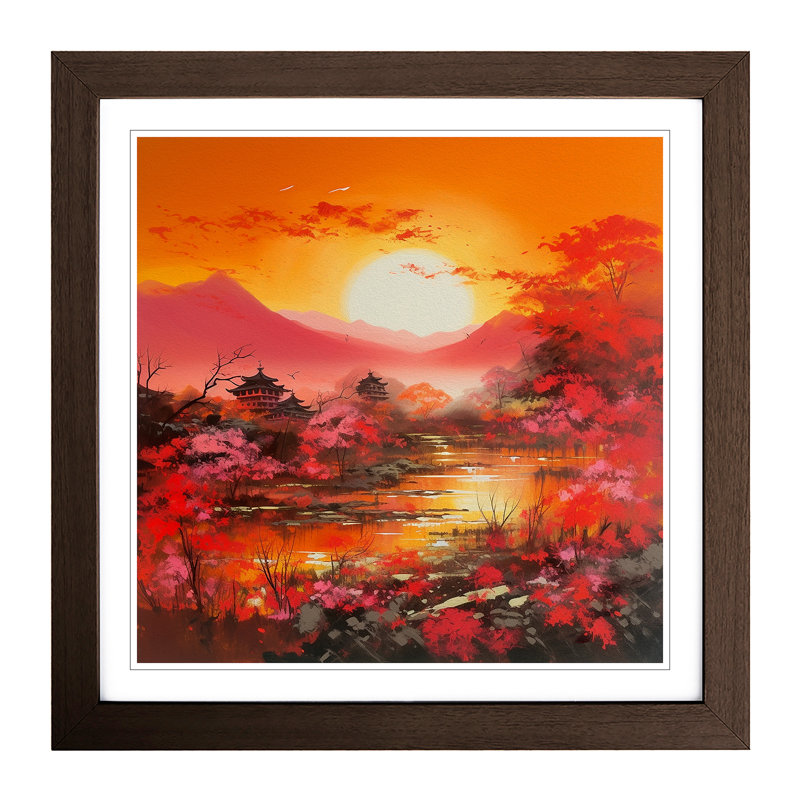 Japanese Sunset Colour Field Painting - Single Picture Frame Print on Wood, Walnut