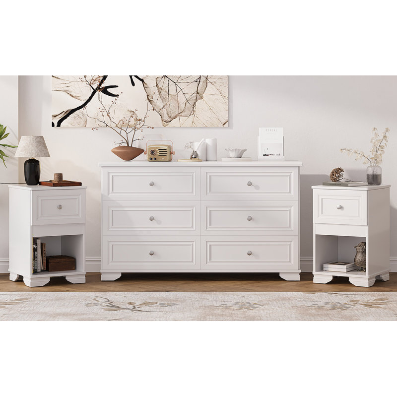Ensemble de chambre à coucher 3 pièces, commode 6 tiroirs et deux tables de chevet avec poignées en métal, design élégant et style rétro
