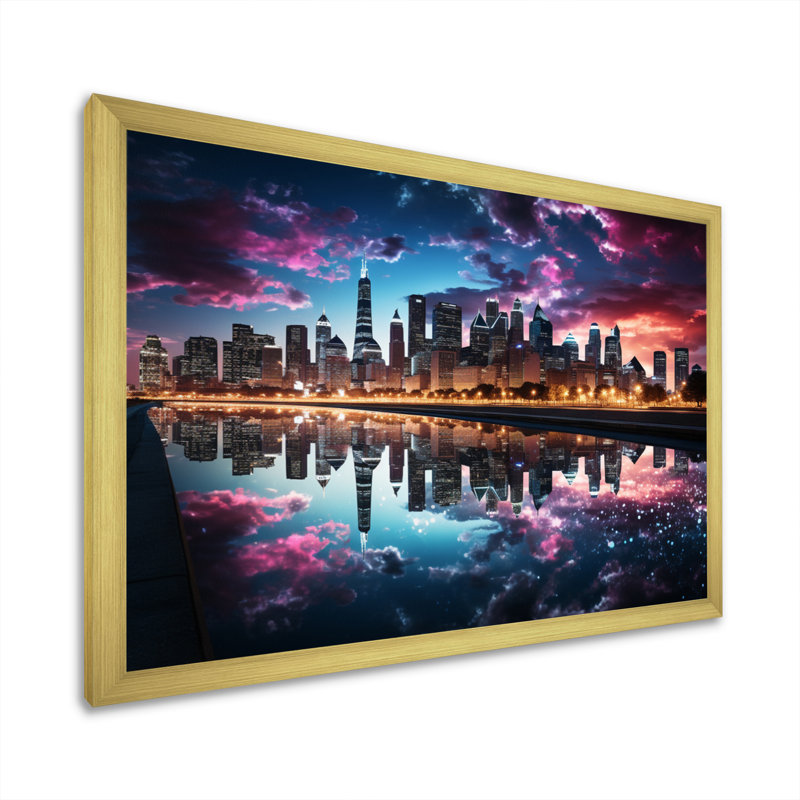 «USA Chicago Skyscrapper Reflections», reproduction sur toile, Cadre doré à une seule photo, H 16 po x l 32 po x P 1 po