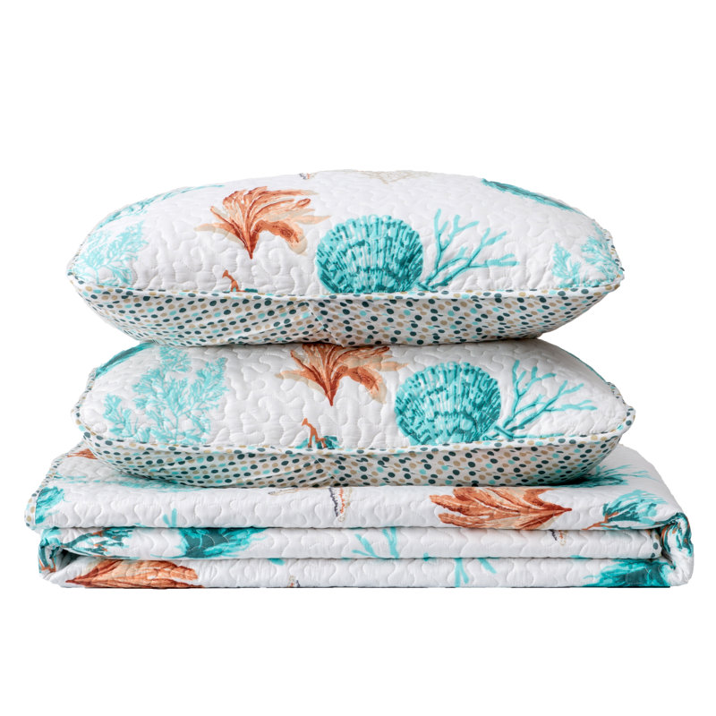 Twin Blue Microfiber Reversible Coastal Quilt Set