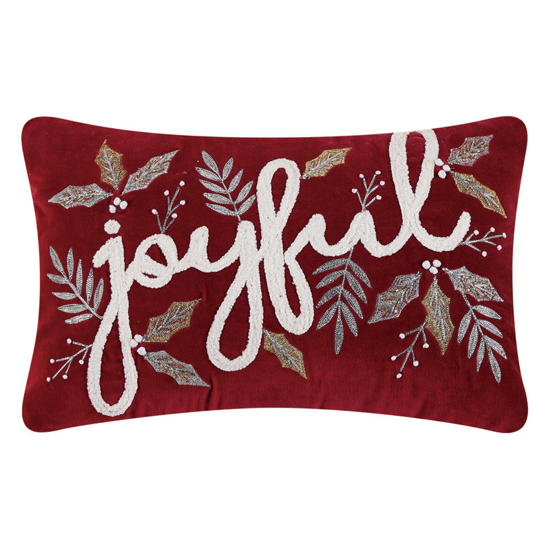 Red and Gold Embroidered Velvet Christmas Pillow, 18" x 12"