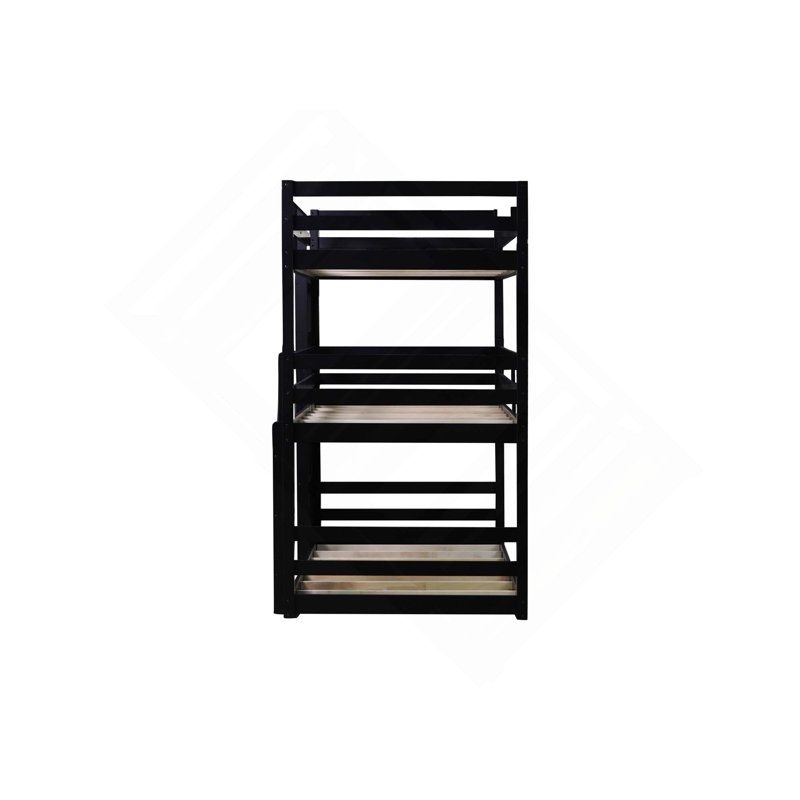 Lit superposé triple en bois détachable avec 2 échelles intégrées, garde-corps, Black