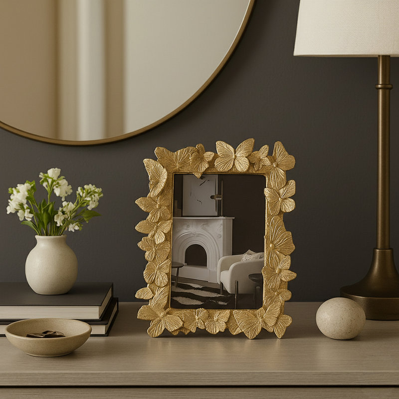 Decorative Picture Frame with Butterfly Border Detail - Rectangular Photo Frame for Entryway or Mantle Decor - 8", Gold