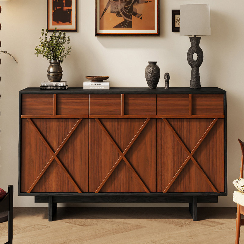 Armoire d'appoint multifonctionnelle en bois massif de style Mid-Century, Noir / brun