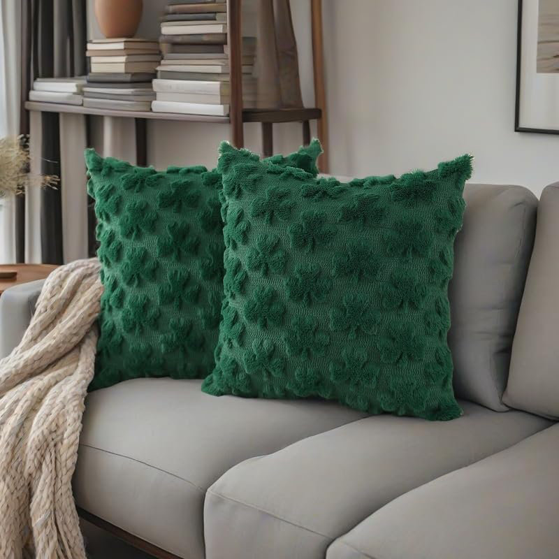 2pcs Soft Faux Fur Cream Shamrock Decorative Lucky Clover Throw Pillowcase for Spring Home Bed Sofa Couch., Green