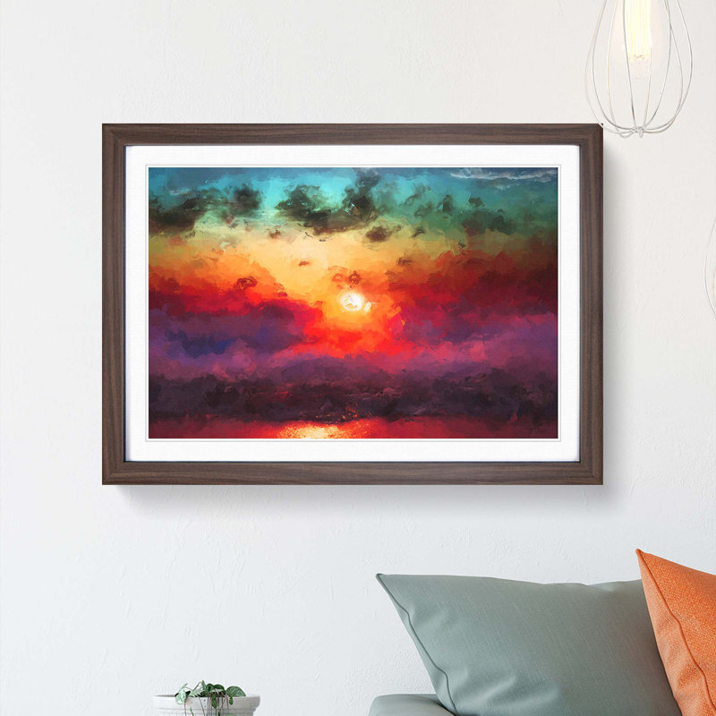 Rainbow Sunset over the Ocean in Abstract - Picture Frame Painting Print, Walnut, 35cm H x 50cm W x 2cm D