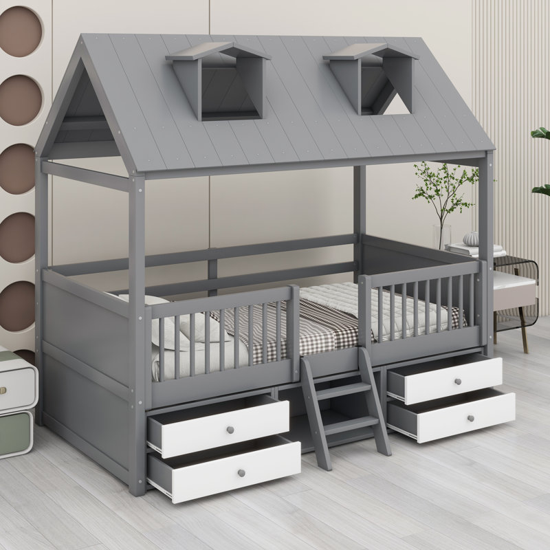 Structure de lit en bois avec design ludique, Gris