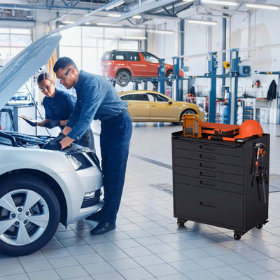Coffre à outils roulant 34,3 pouces avec 6 tiroirs, fabrication en acier robuste pour les petites pièces et les outils, organisateur d'armoire de garage mobile