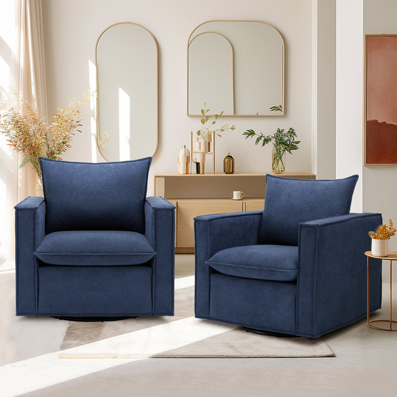 34.2" Wide Upholstered Swivel Accent Armchair, Blue Polyester