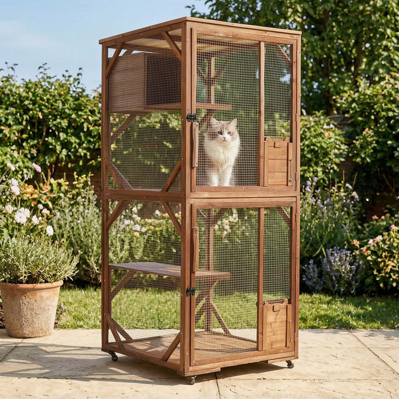 Grande cage extérieure pour chat en bois à 2 niveaux sur roulettes verrouillables, cage en forme de sapin massif avec plateformes à plusieurs niveaux et maison de repos, résistante aux intempéries et à l'épreuve des prédateurs