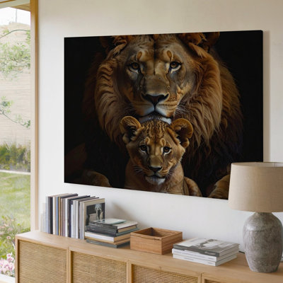 Canvas Wall Art A Dark And Dramatic Image Of A Male Lion And His Cub Sitting Closely Together Their Premium Quality Ready To Hang Modern