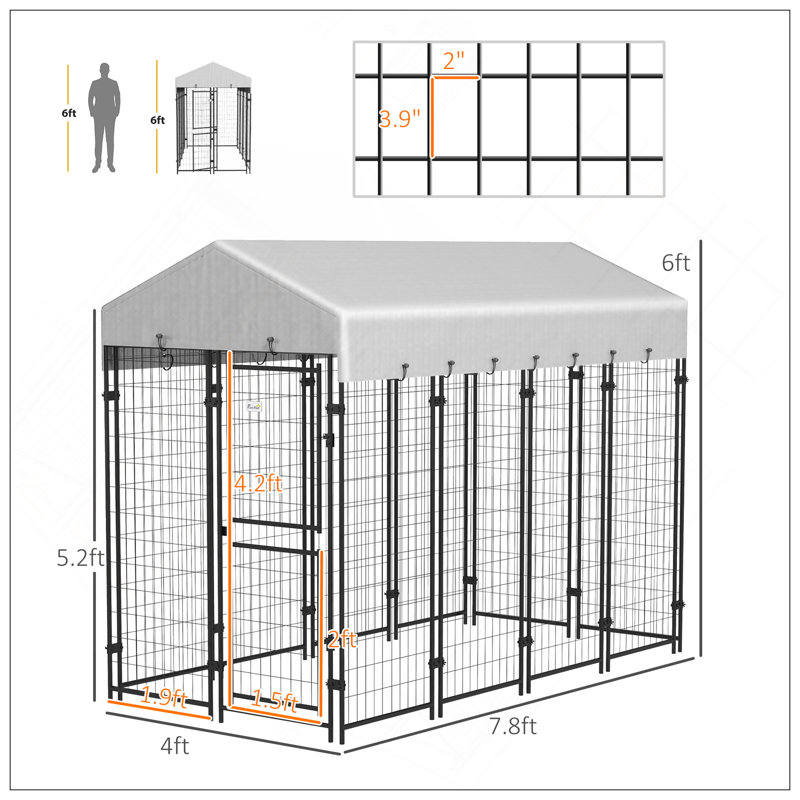 Chenil d'extérieur pour chien de 7,8 pi x 6 pi avec couvercle imperméable, parc pour chien très grand avec porte en deux parties, argent