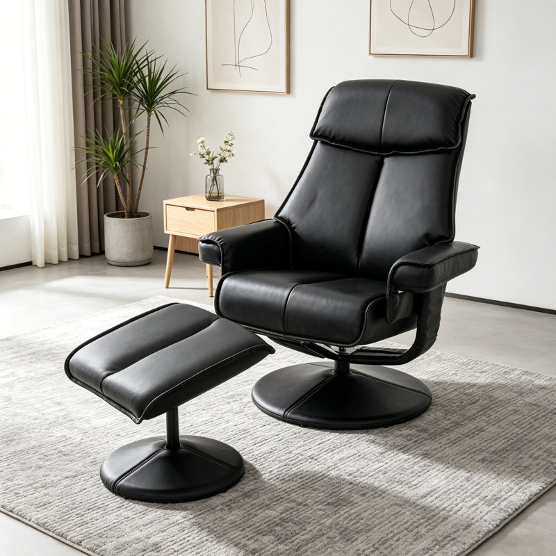 Meleri 26" W Faux Leather Swivel Recliner and Ottoman with Metal Base